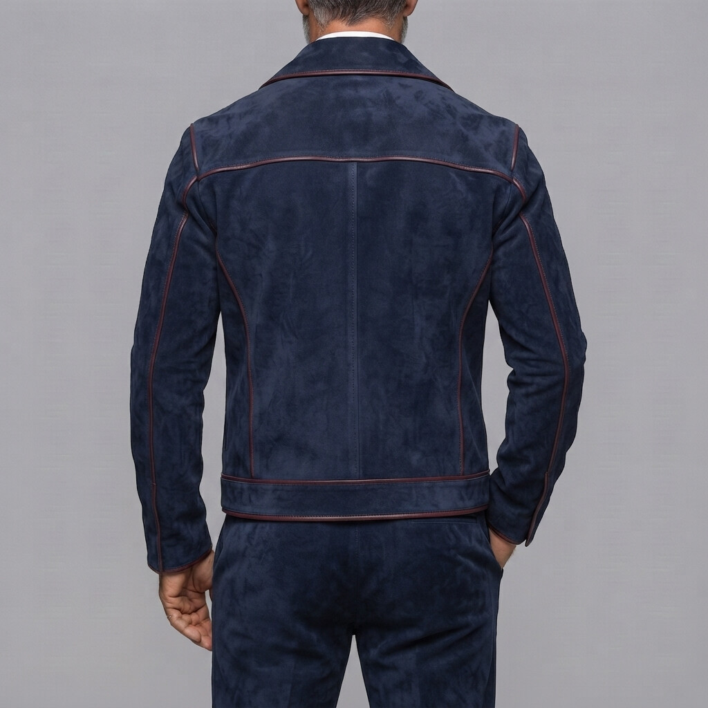 para hombre clásico Navy Blue Suede Contrast Piping Asymmetrical Zipper de corte entallado chaqueta