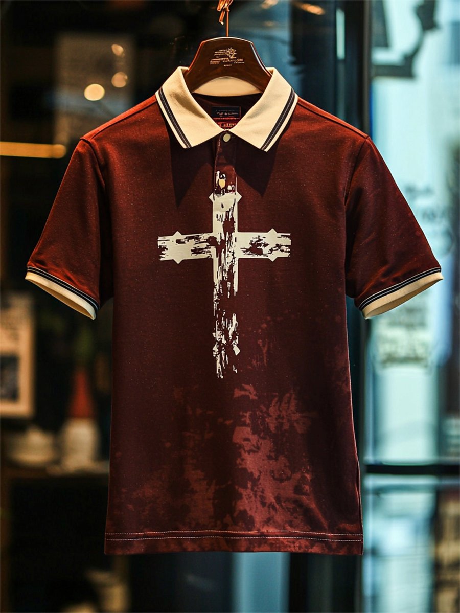 Camisa polo ejecutivo casual Cross estampado Button de manga corta para hombre