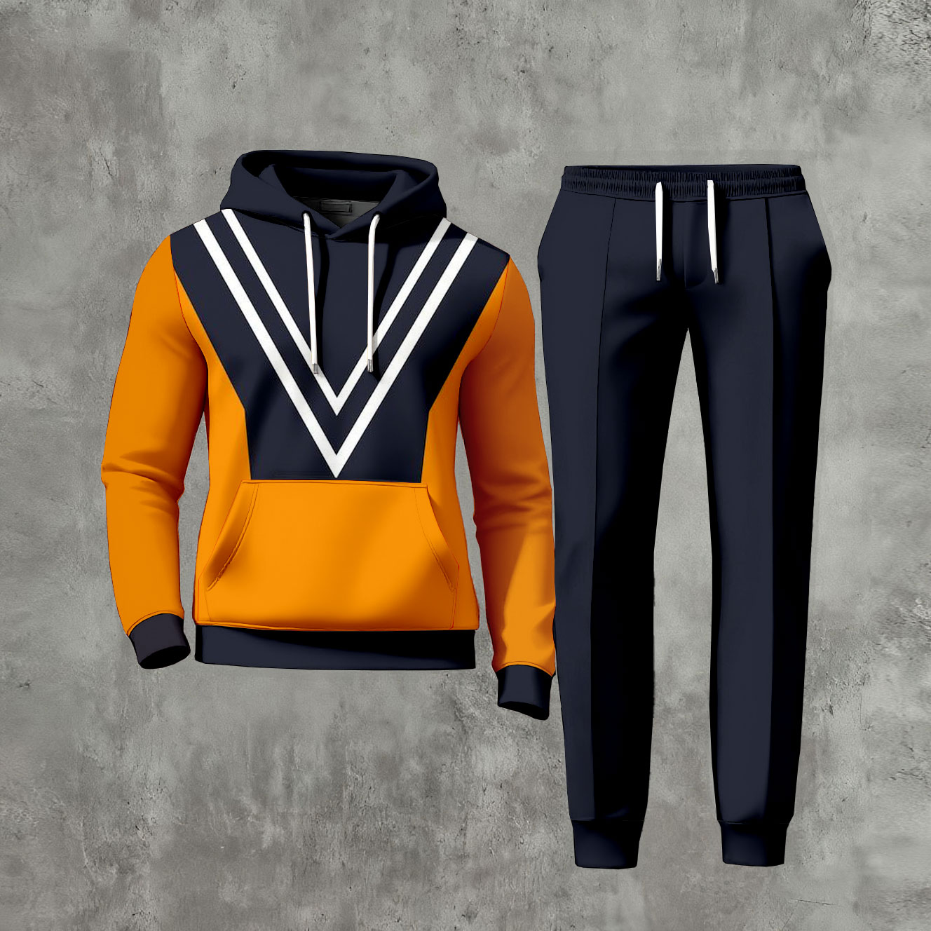 Conjunto de dos piezas casual Orange And Navy Blue Color Matching estampado de manga larga sudadera con capuchas sudadera & Trousers para hombre