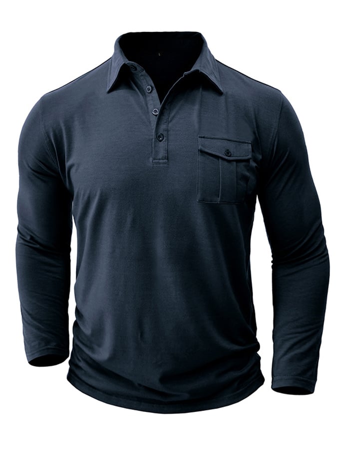 Camisa polo de color sólido de manga larga bolsillo para hombre