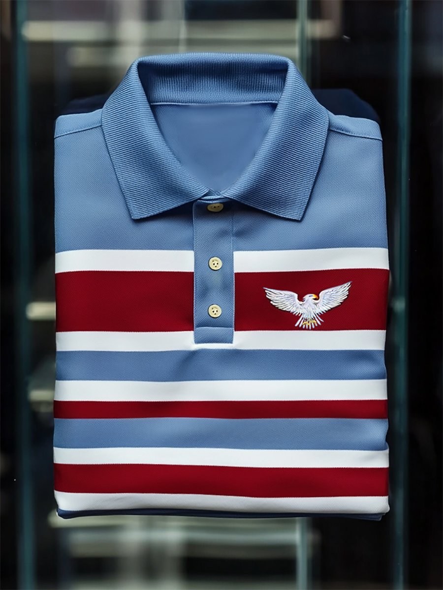Camisa polo ejecutivo casual Independence Day a rayas Button de manga corta para hombre