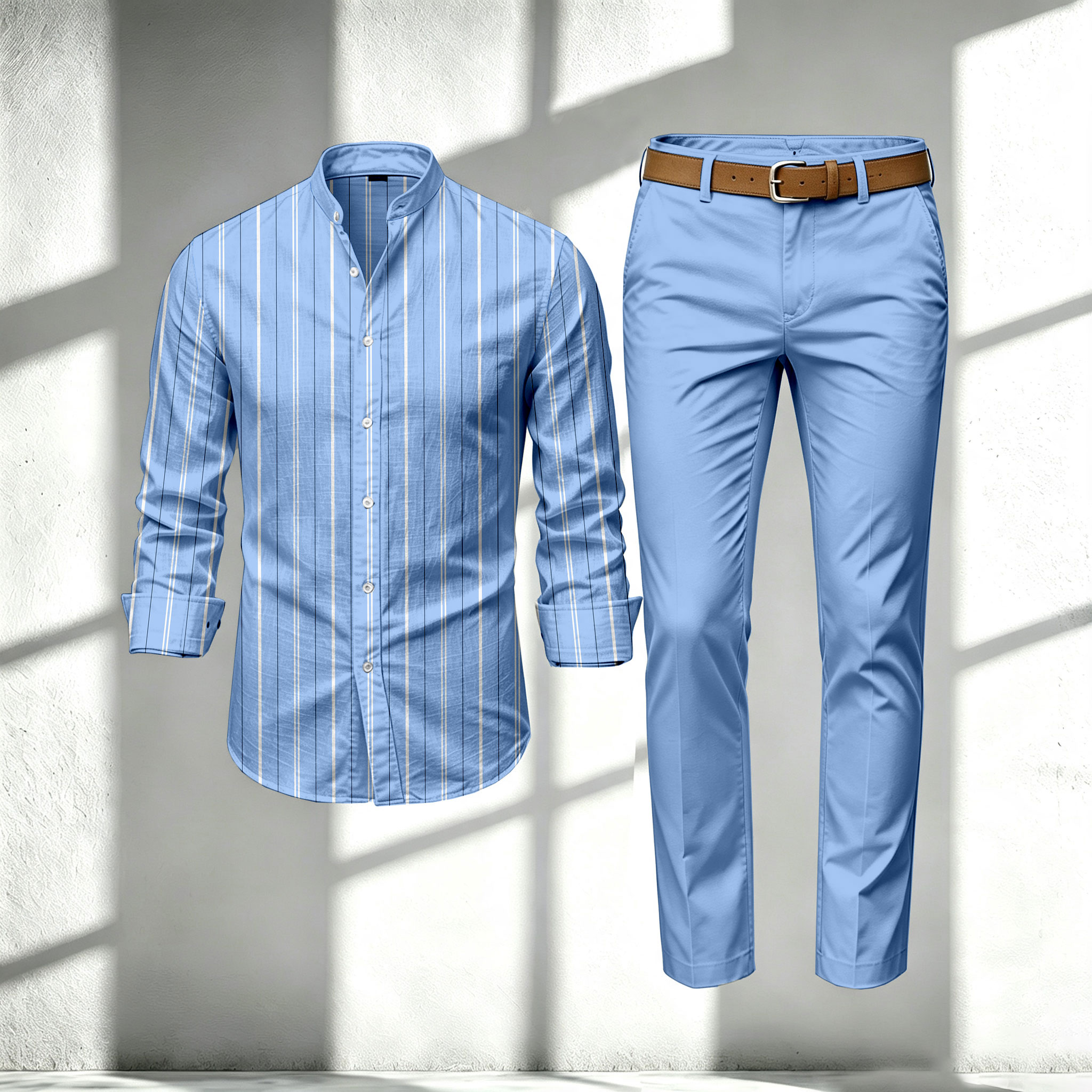 Camisa a rayas estampado Stand-cuello de manga larga and pantalón Set para hombre - vista 1