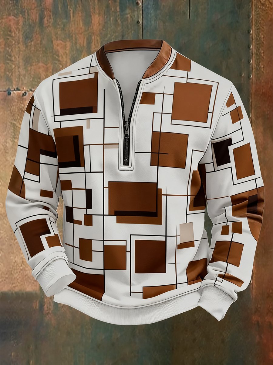 Sudadera retro Bauhaus geométrico Style estampado Quarter Zip para hombre