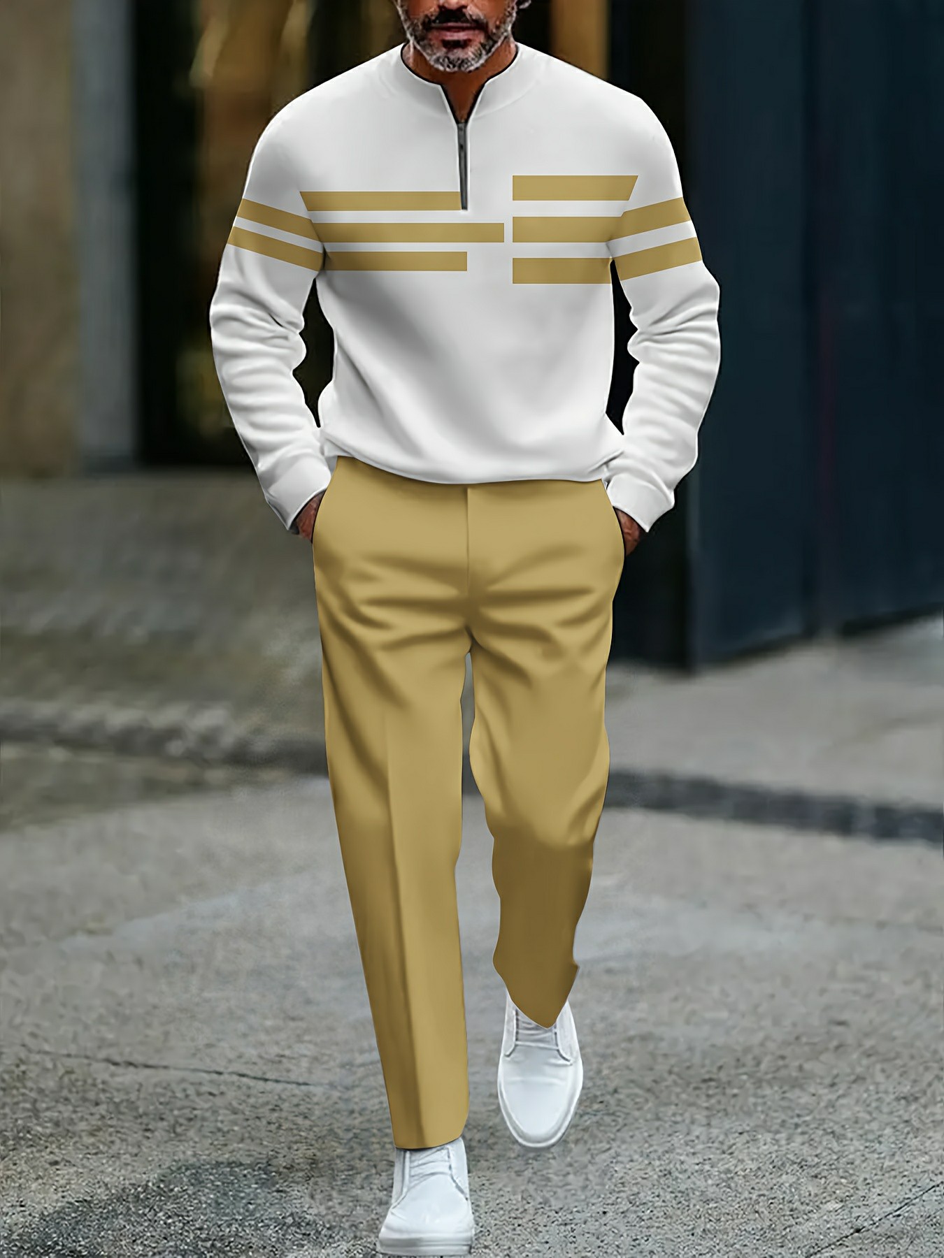 para hombre casual Yellow & White Color Matching a rayas estampado Round-Neck Zipper de manga largad Trousers conjunto de dos piezas