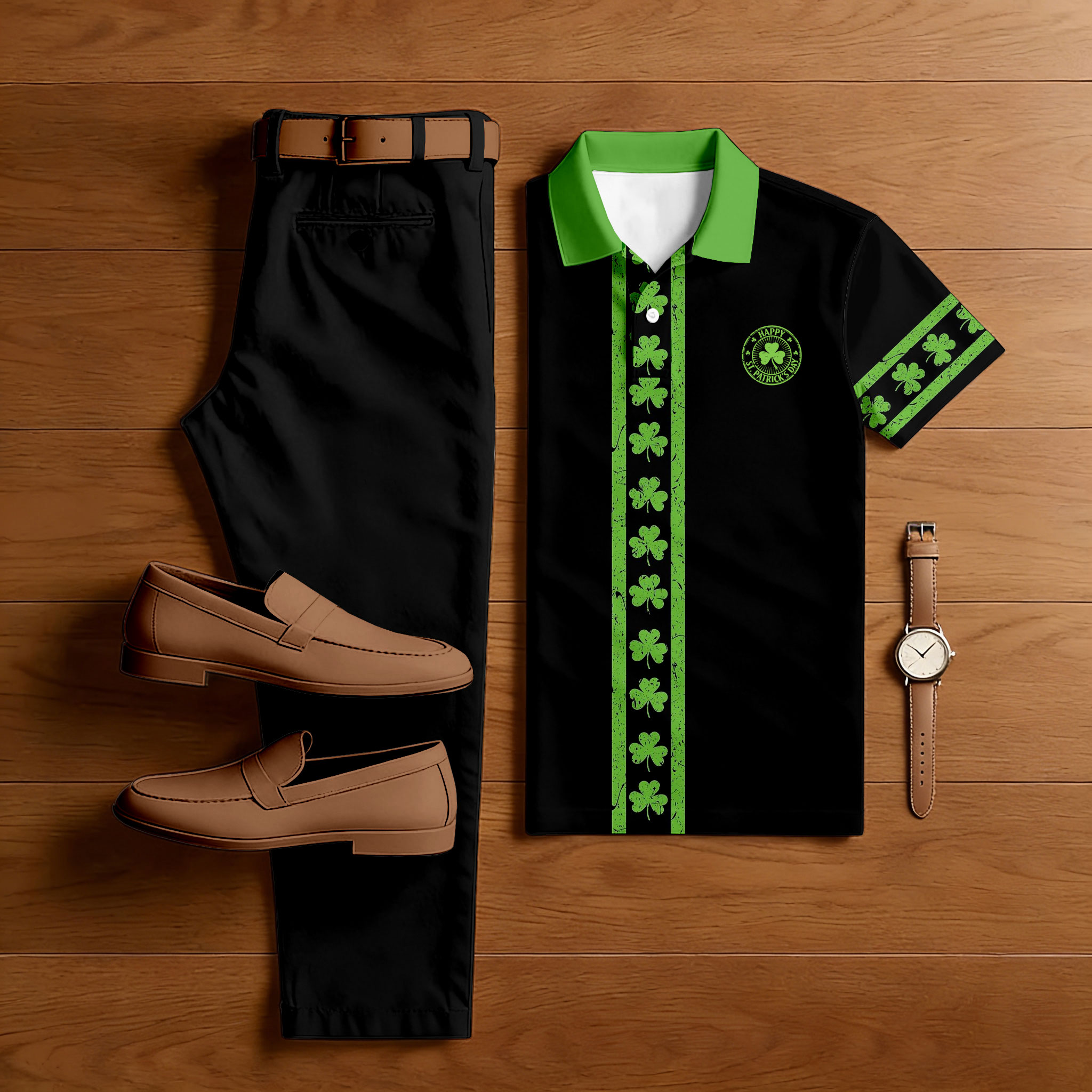 Conjunto de dos piezas casual Green & Black Color Matching St. Patrick's Day Checkered estampado de manga corta camisa polo & Trousers para hombre