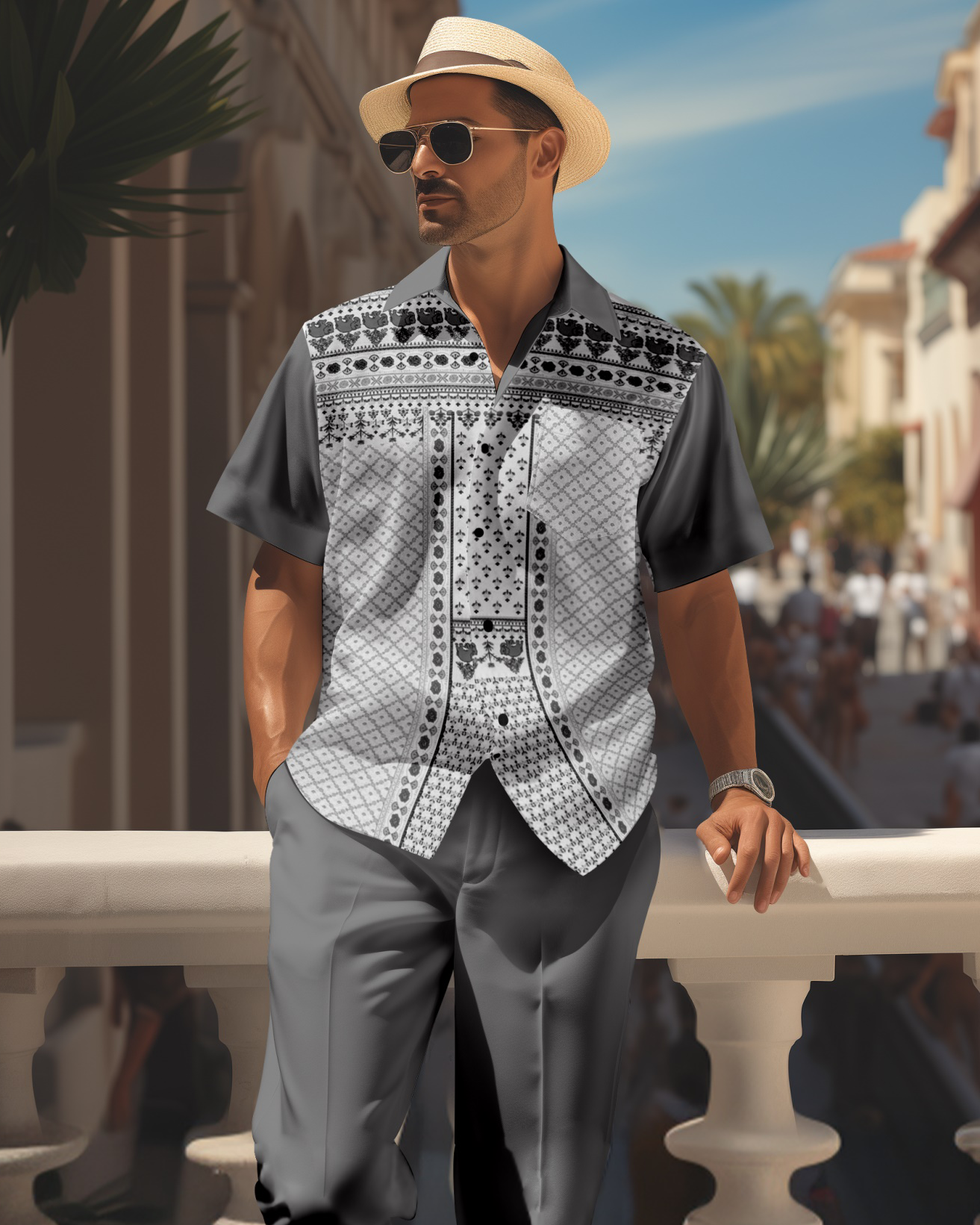 Camisa retro colorblock de manga corta walking Suit 1661 para hombre