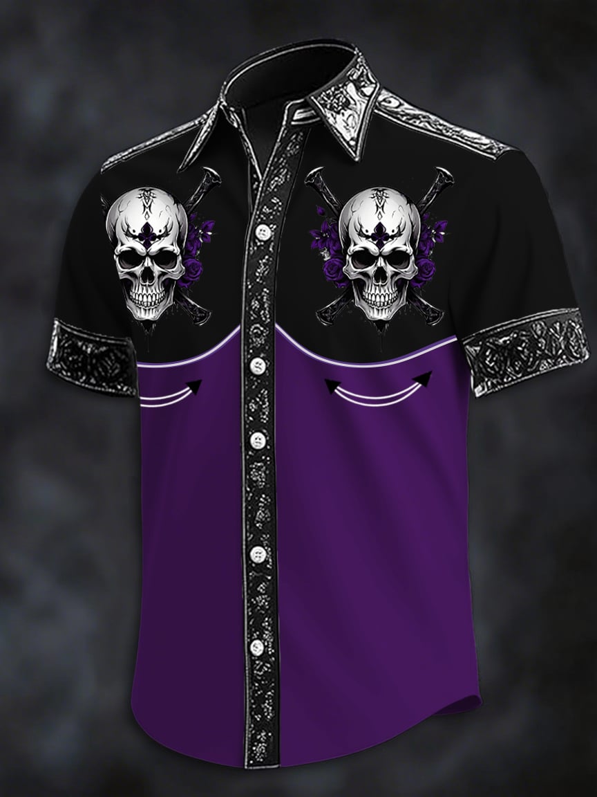 Camisa Dark Skull estampado casual de manga corta para hombre
