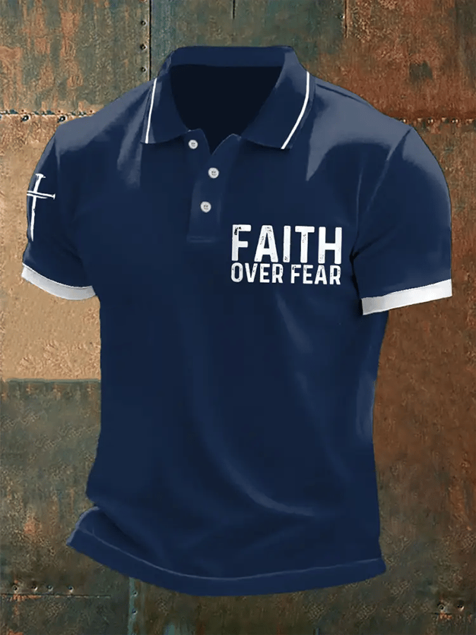 Camisa polo retro Faith “Faith Over Fear�? casual estampado para hombre