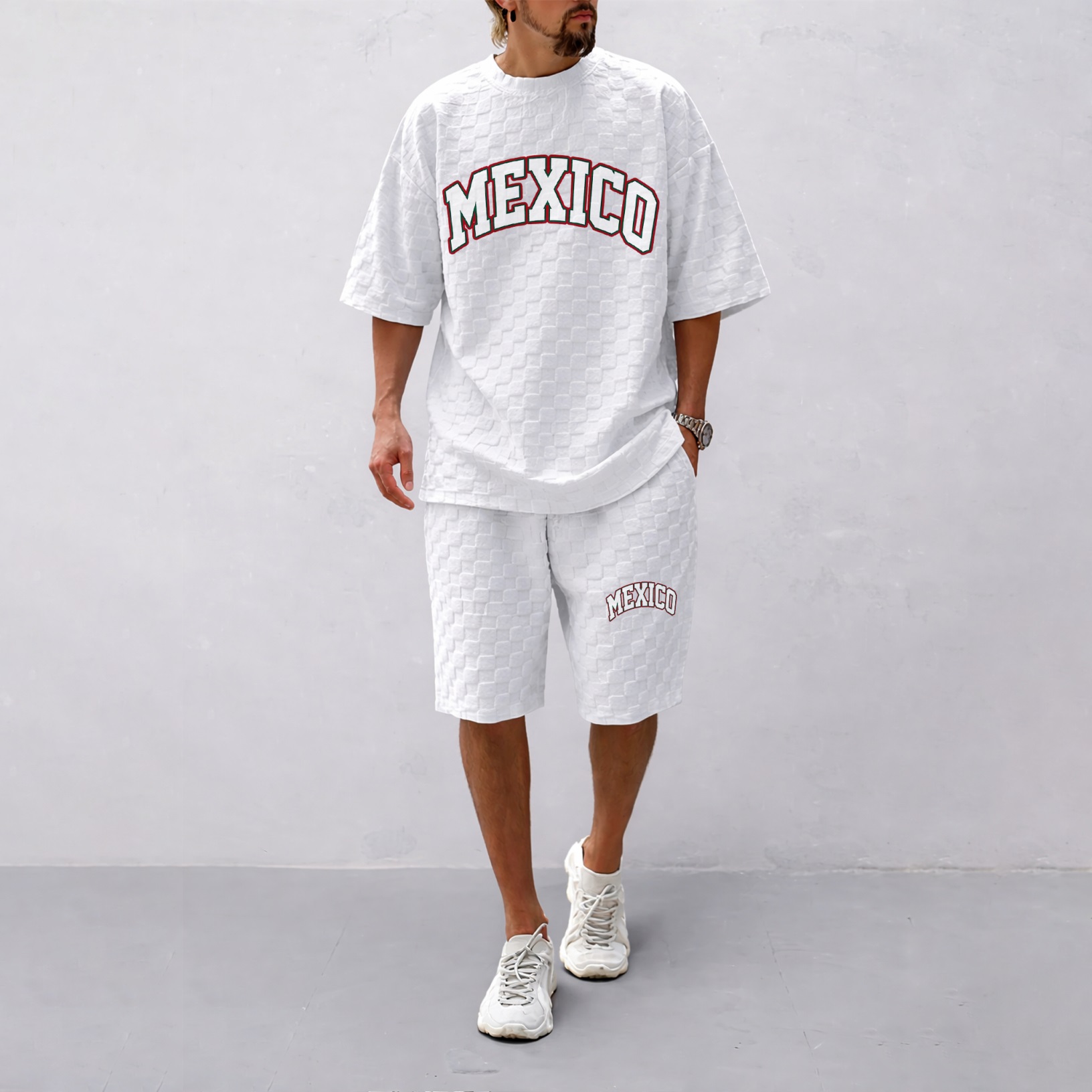 Camisa Spring/Summer Mexican-estampado a cuadros Drawstring shorts Set—A casual summer outfit featuring a de manga corta and shorts, ideal for both everyday wear and athletic activities para hombre