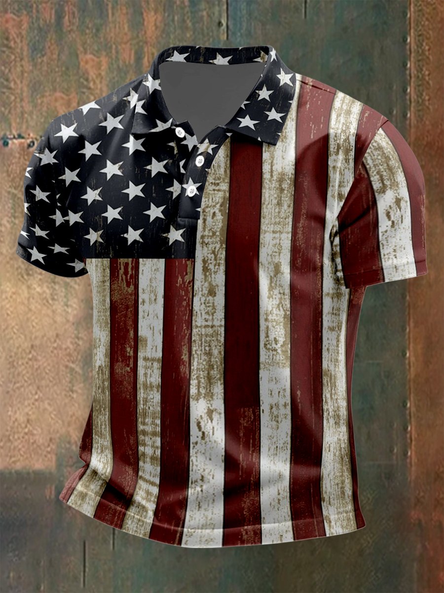 Camisa polo para exterior Independence Day American Flag Button de manga corta para hombre