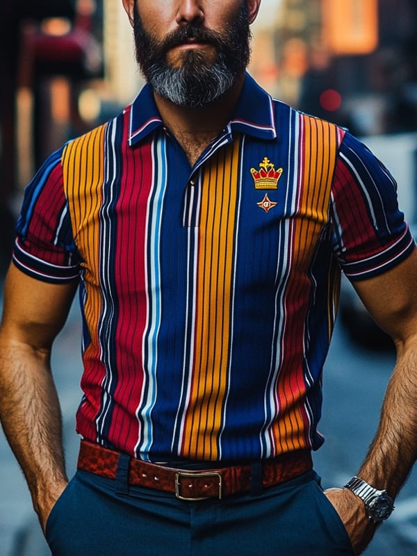 Camisa polo ejecutivo rayas Logo con botones de manga corta para hombre