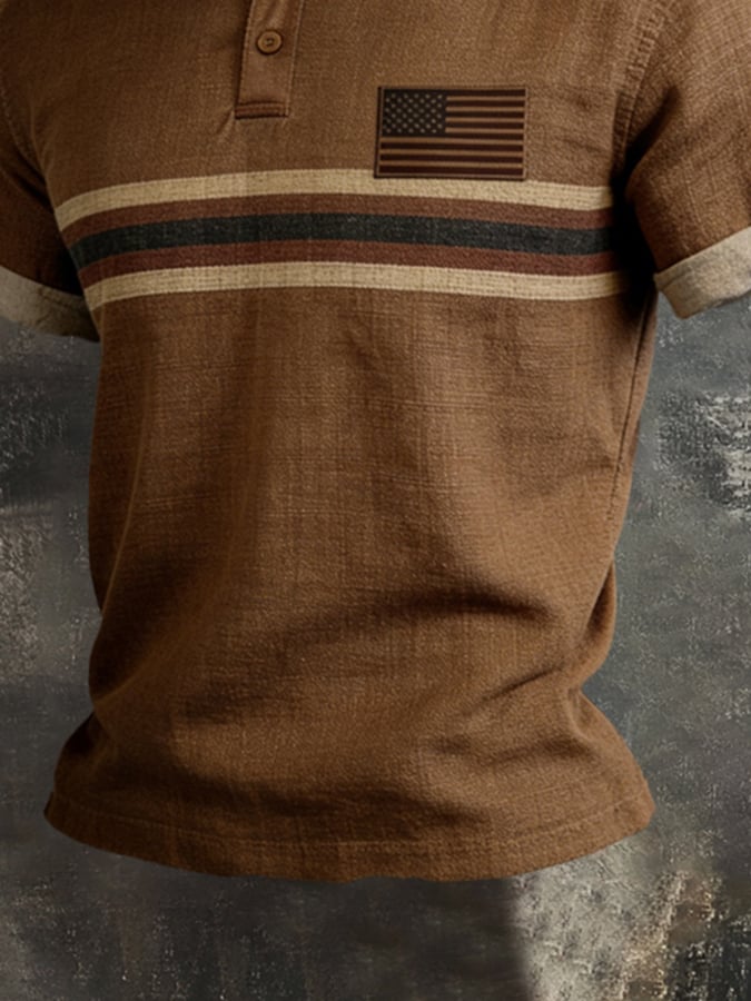 Camiseta retro Color-Block "Patriot" Polo-Collar casual de algodón-de lino para hombre
