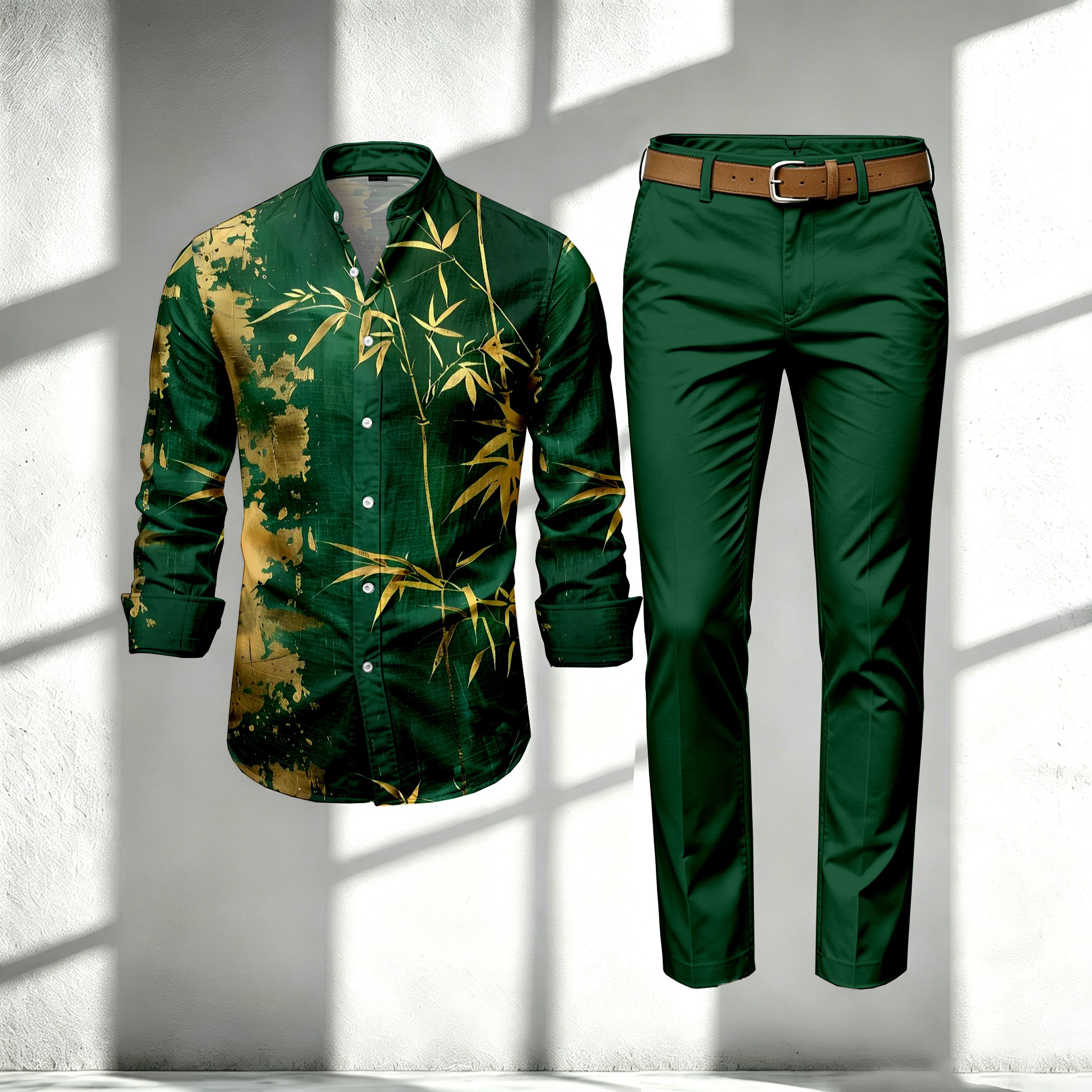 para hombre Green Stand-Collar de manga larga camisa and pantalón Set