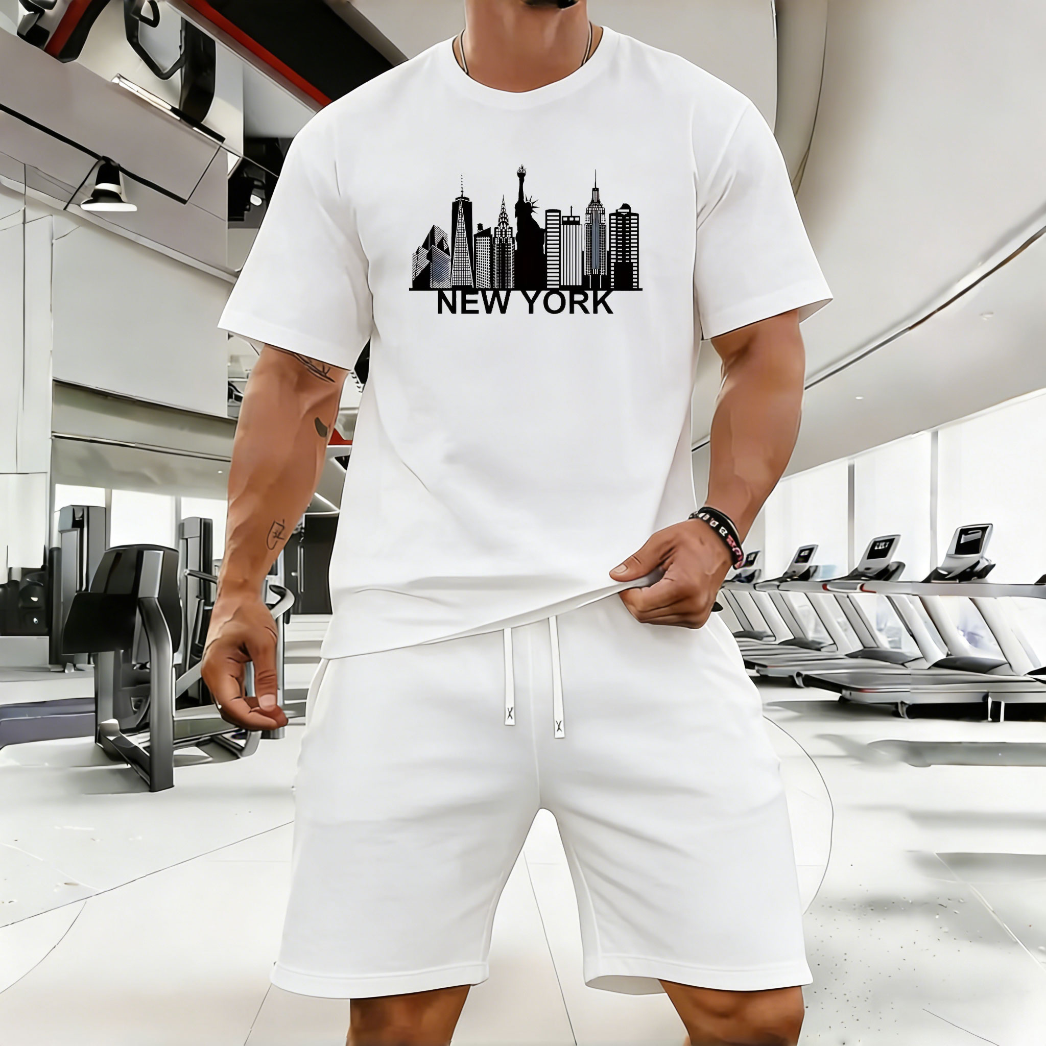Conjunto de dos piezas casual White Building Crew Neck de manga corta camisa And shorts para hombre