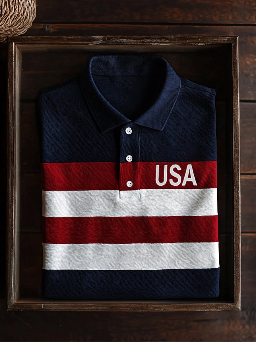 Camisa polo ejecutivo casual Independence Day a rayas Button de manga corta para hombre