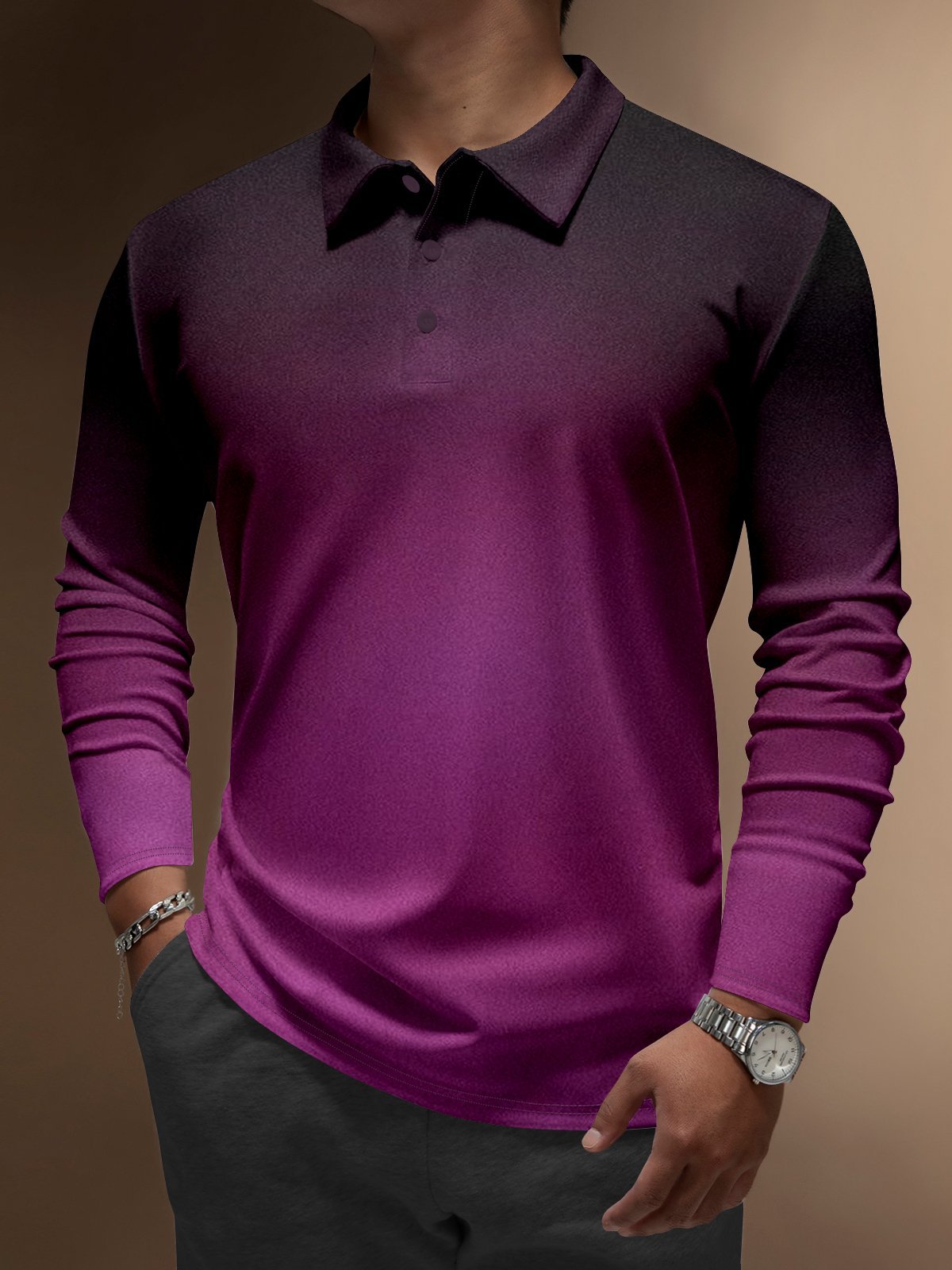 Camisa polo ejecutivo casual a rayas de manga larga para hombre