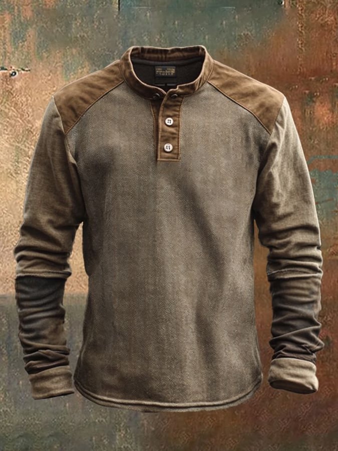 Camisa casual vintage desgastado estampado de manga larga Henley para hombre