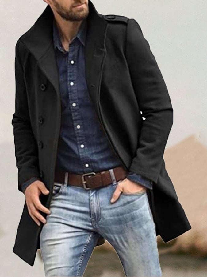 Abrigo de moda casual Standing cuello Double Breasted Faux lana para hombre