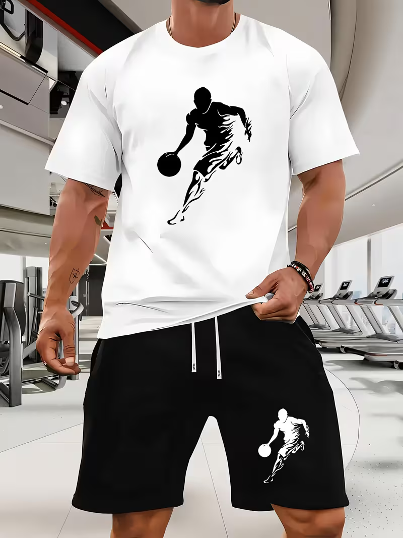 Conjunto de dos piezas casual Sports Ball estampado Crew Neck de manga corta camisa And shorts para hombre