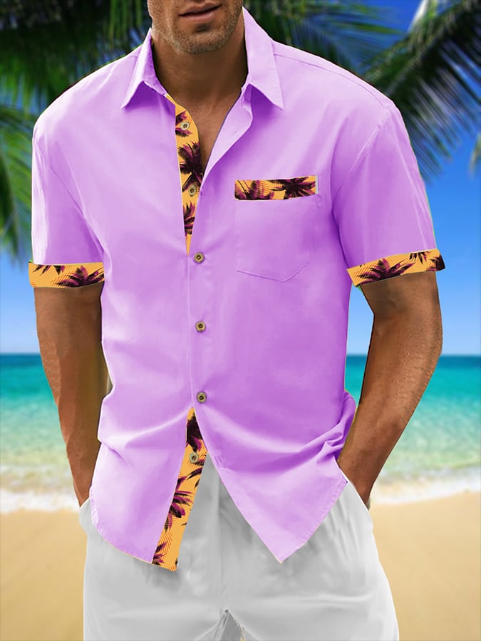 Camisa Resort Style Contrast estampado casual de manga corta para hombre