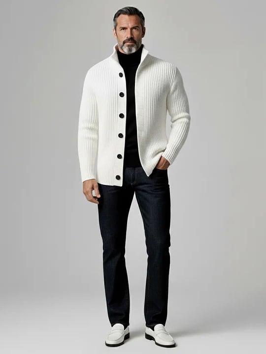 Chaqueta White Stand cuello de manga larga Button acanalado tejido Sweater para hombre