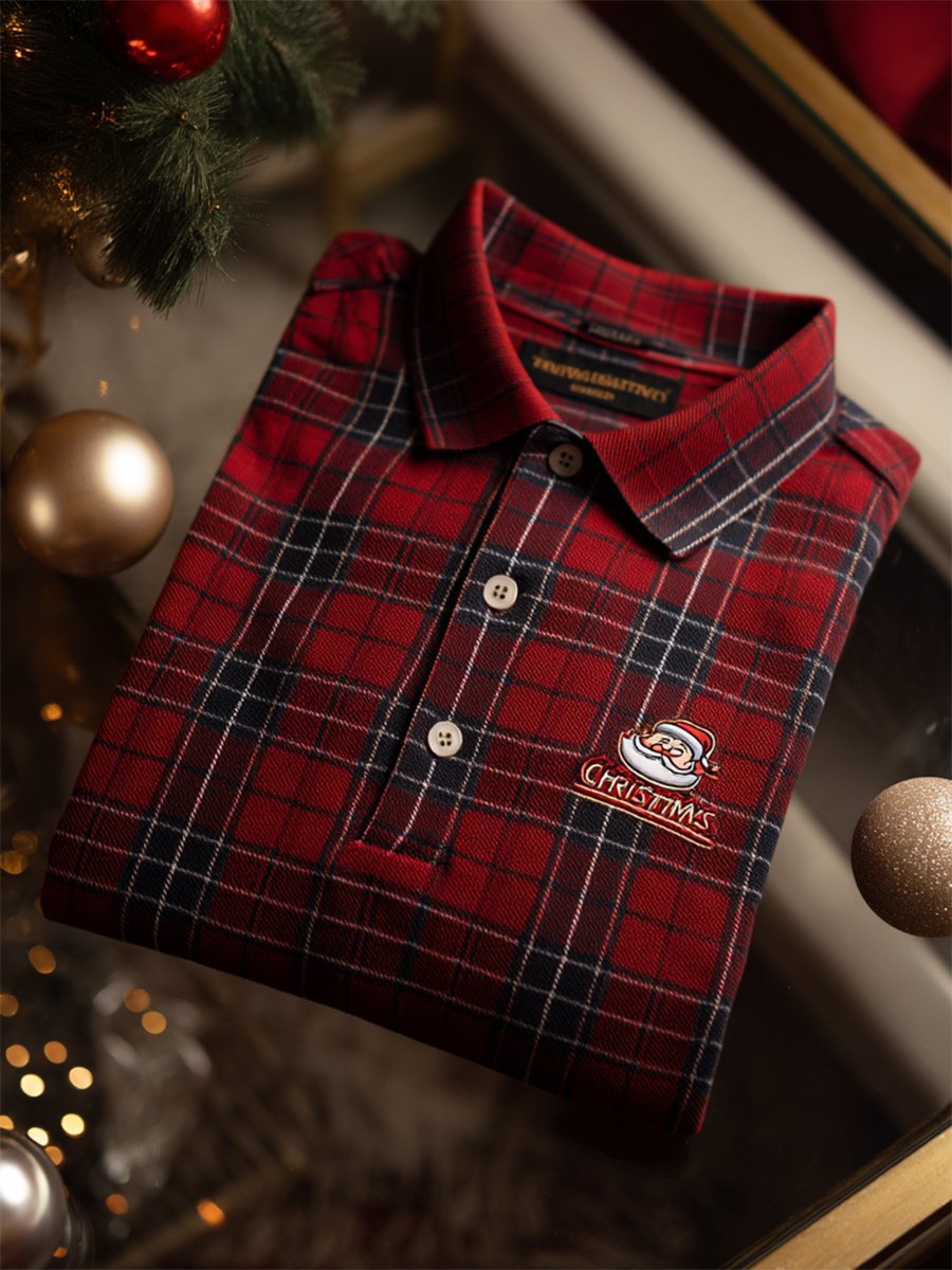 Camisa polo Christmas a cuadros de manga larga para hombre