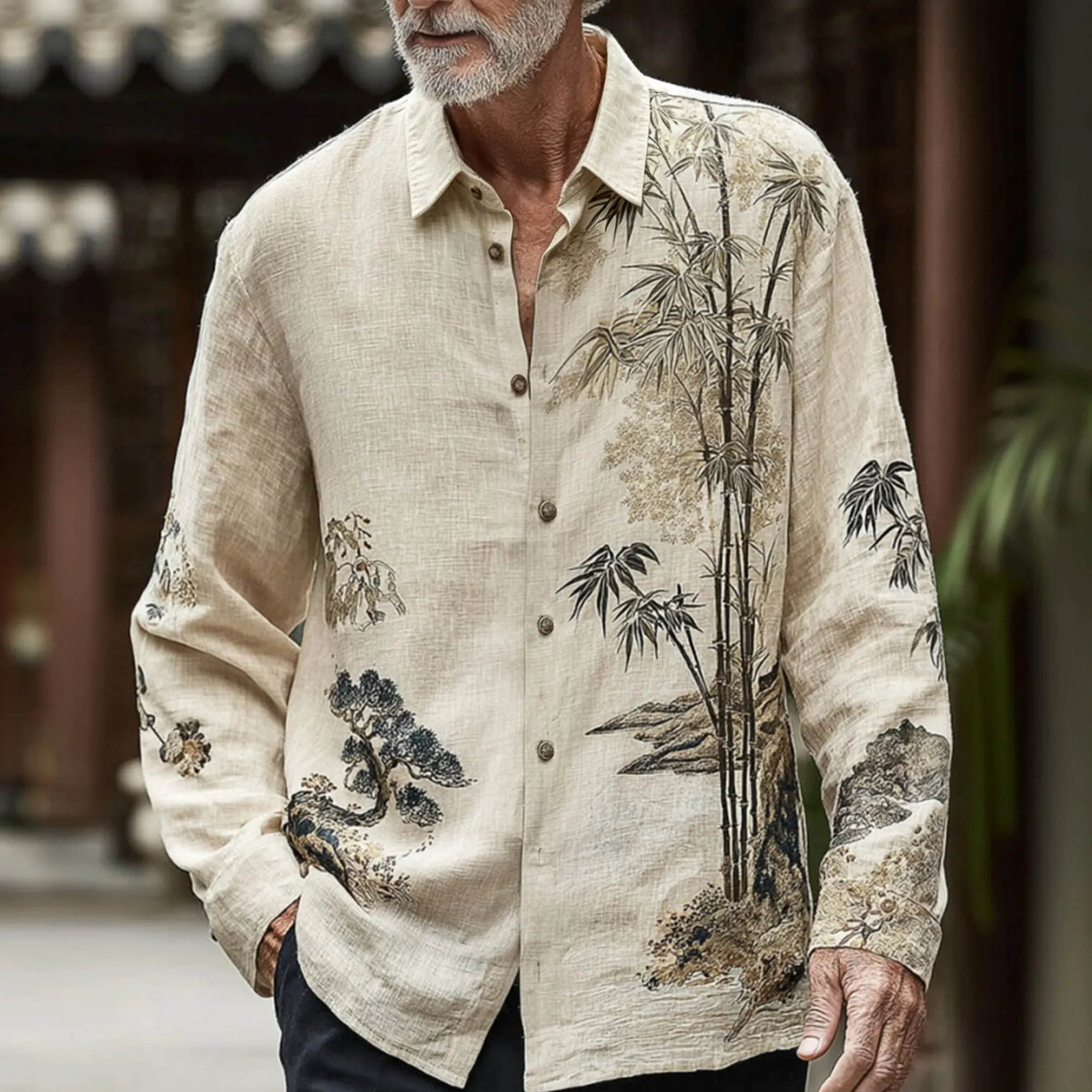 Camisa retro Japanese Bamboo estampado casual de algodón de lino de manga larga para hombre