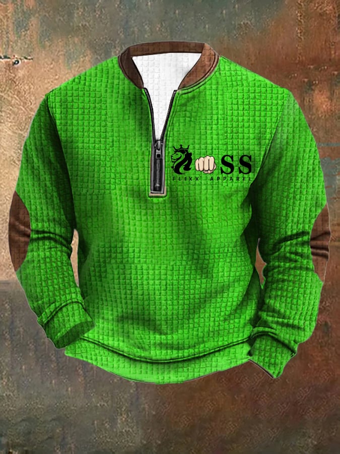 Sudadera retro Letter Design estampado cierre cuello Square jacquard para hombre