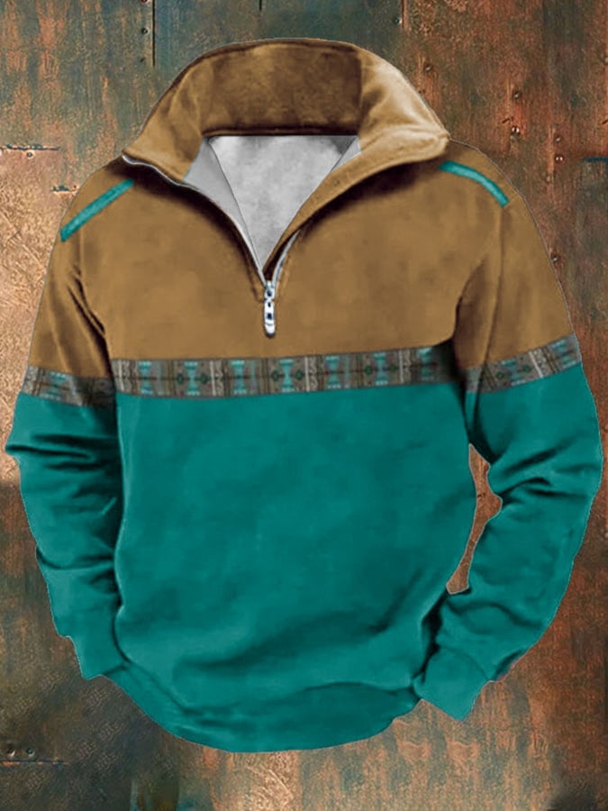 Sudadera retro Western estampado solapa de manga larga para hombre