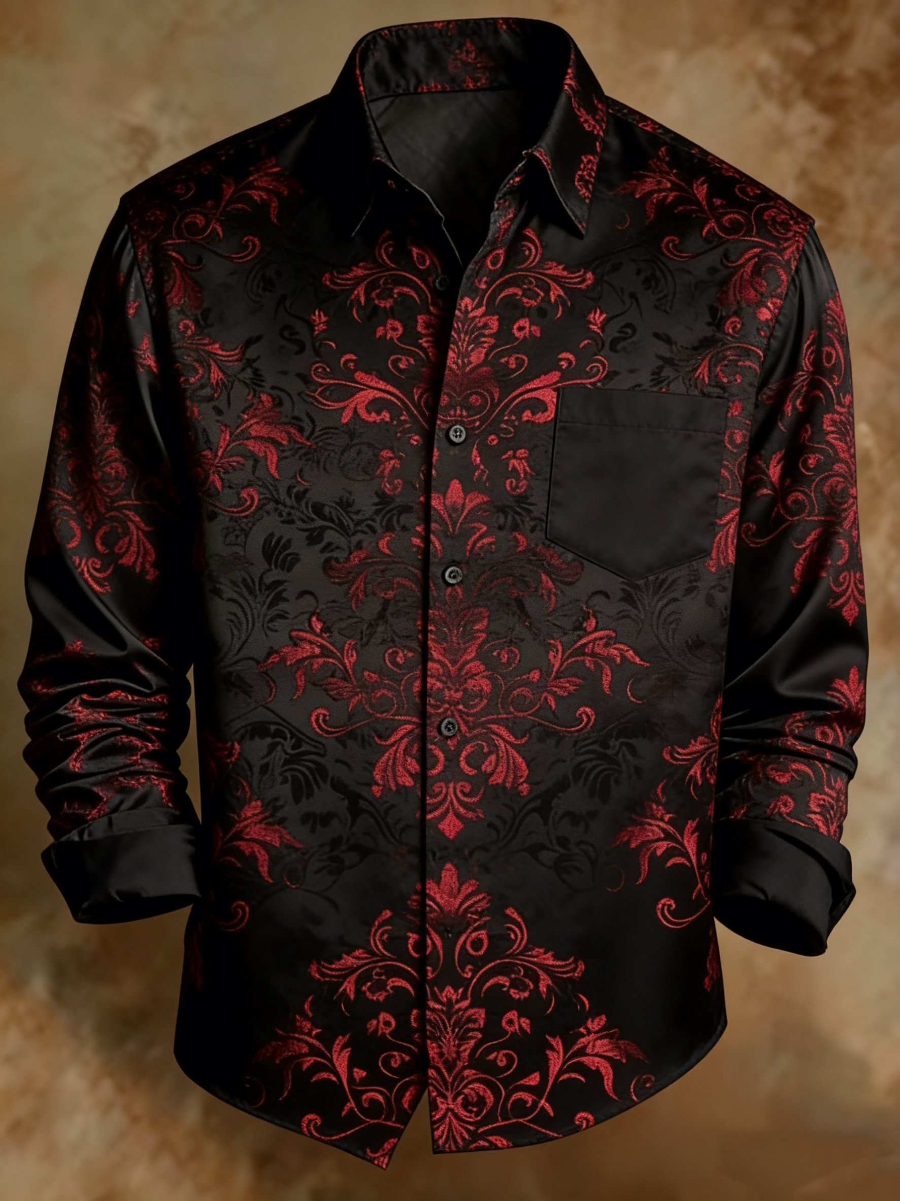 Camisa vintage Style Black Red Baroque satén jacquard con botones camisa para hombre