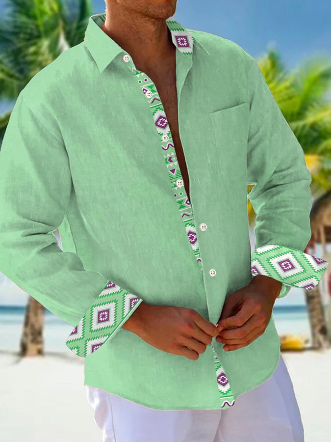 Camisa retro casual Western Geometric estampado de manga larga para hombre