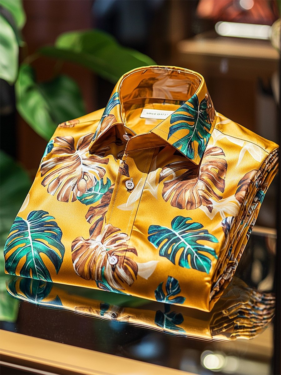 Camisa satén Luxe hawaiano estampado de manga corta Button para hombre