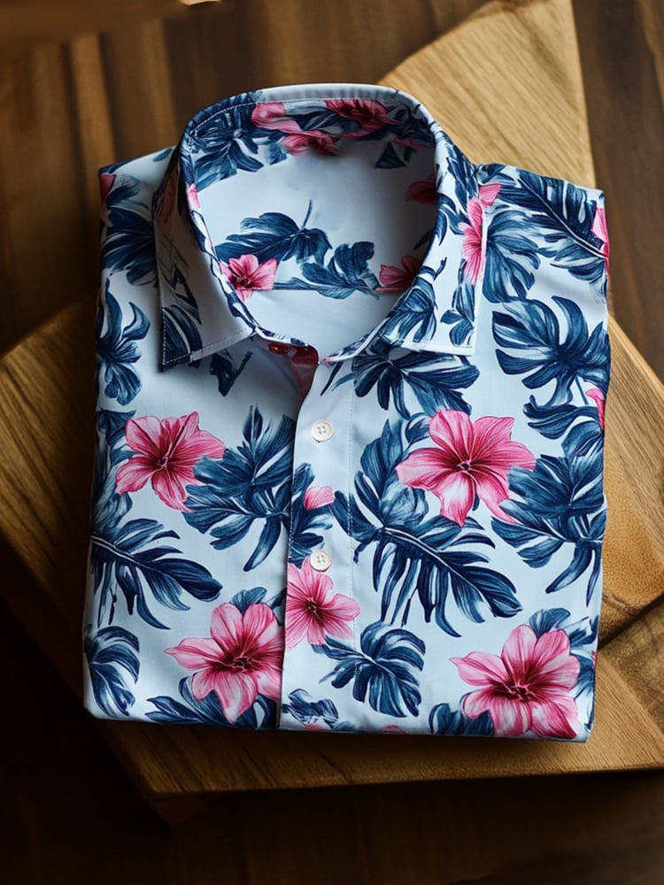 Camisa satén Luxe hawaiano floral Leaf estampado de manga corta Button para hombre