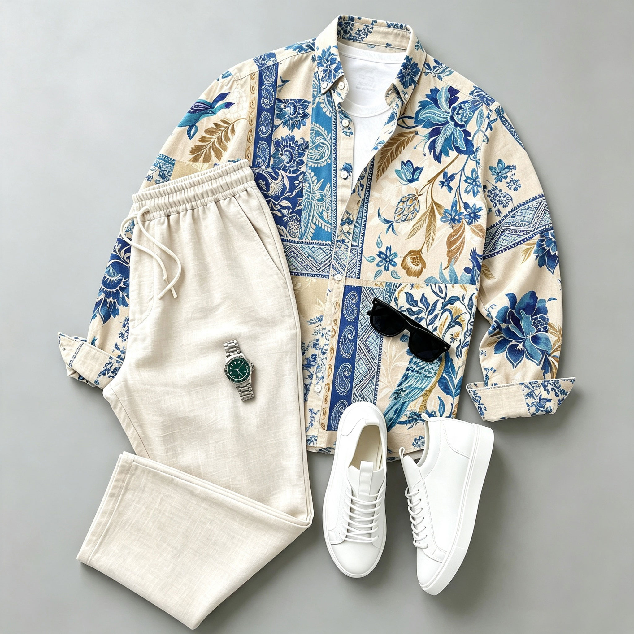 para hombre floral-Print de manga larga camisa and pantalón Set