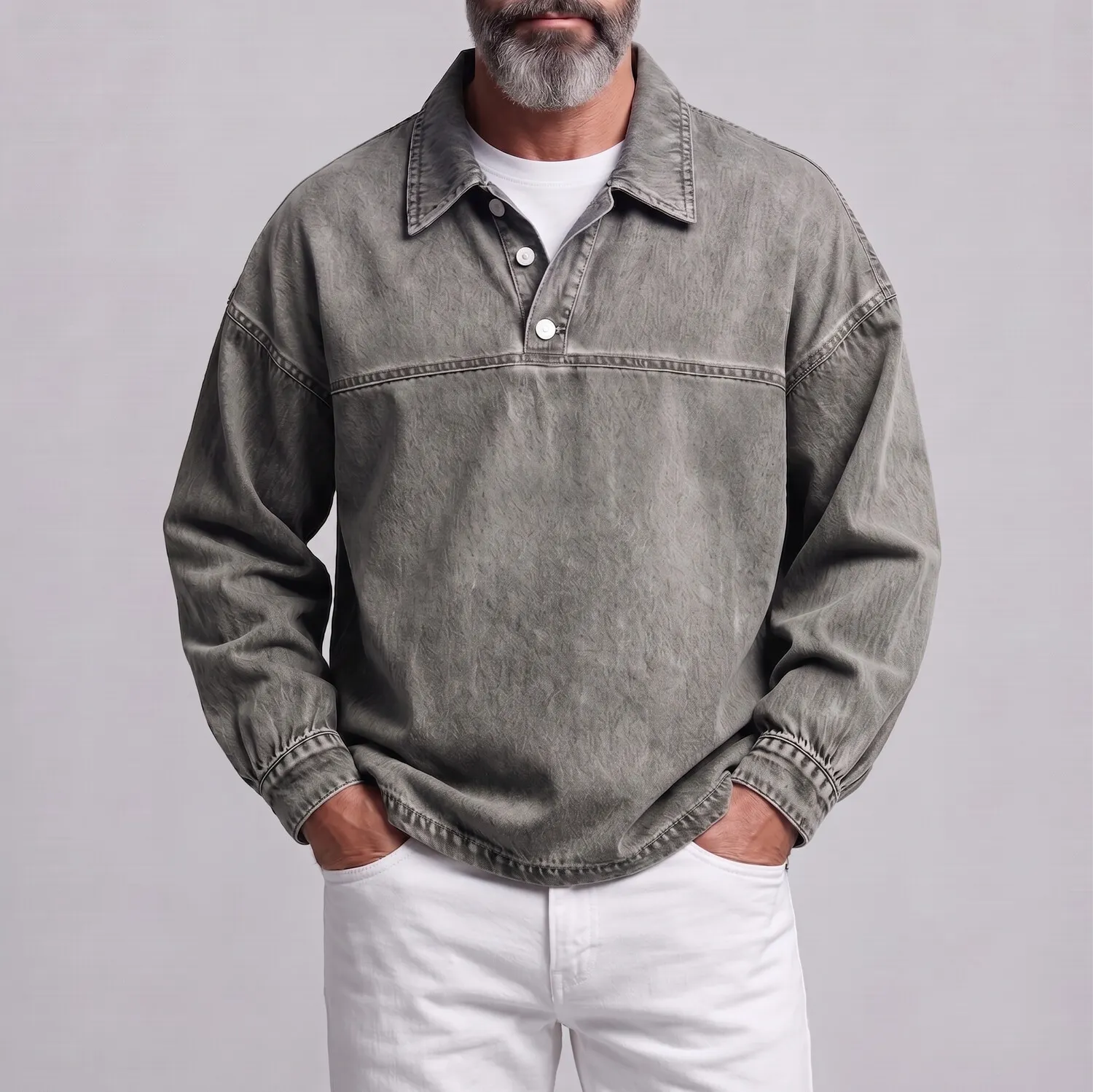 Sudadera retro de color sólido Turndown Collar Button Half Placket casual para hombre