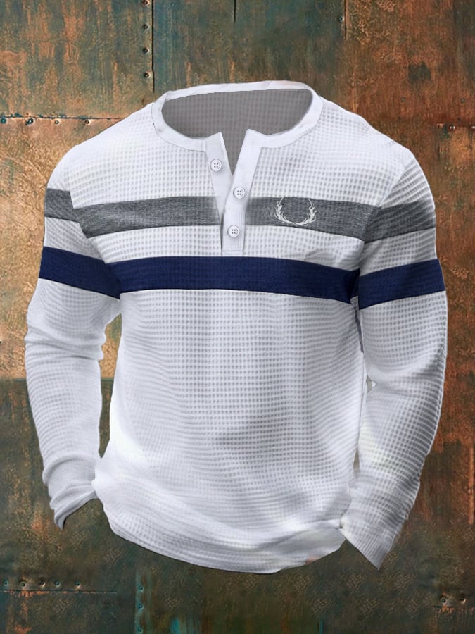 Camiseta vintage Waffle Color Patch Henley Neck para hombre