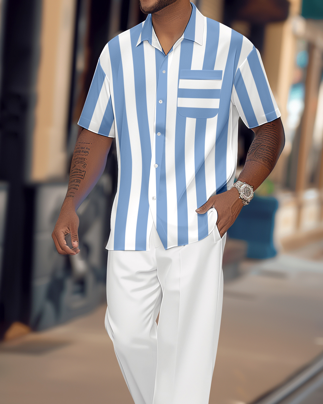 Camisa retro Colorblock de manga corta Walking Suit 1125 para hombre