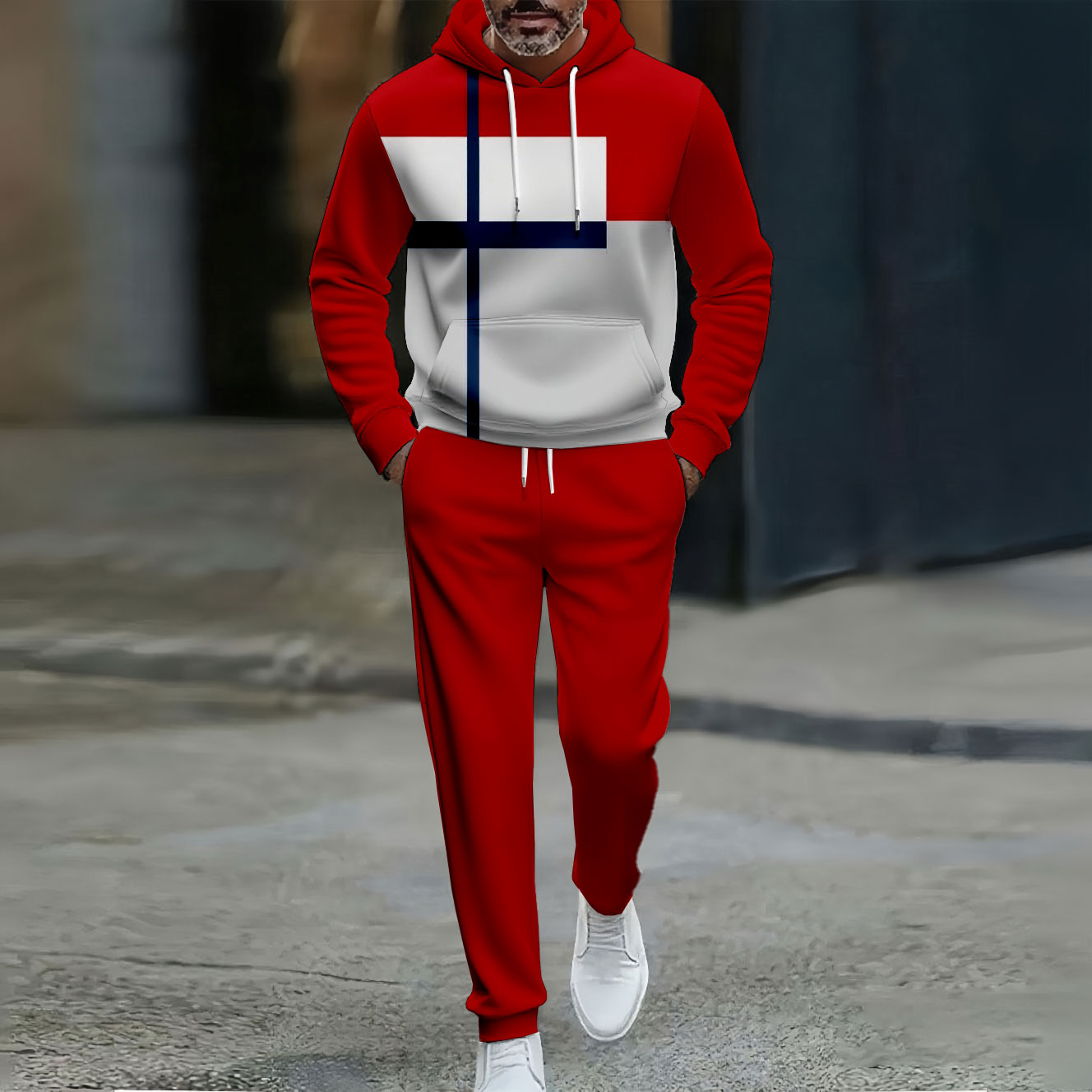 Conjunto de dos piezas casual Red & Gray Color Matching Geometric estampado Hooded de manga larga Trousers Red para hombre