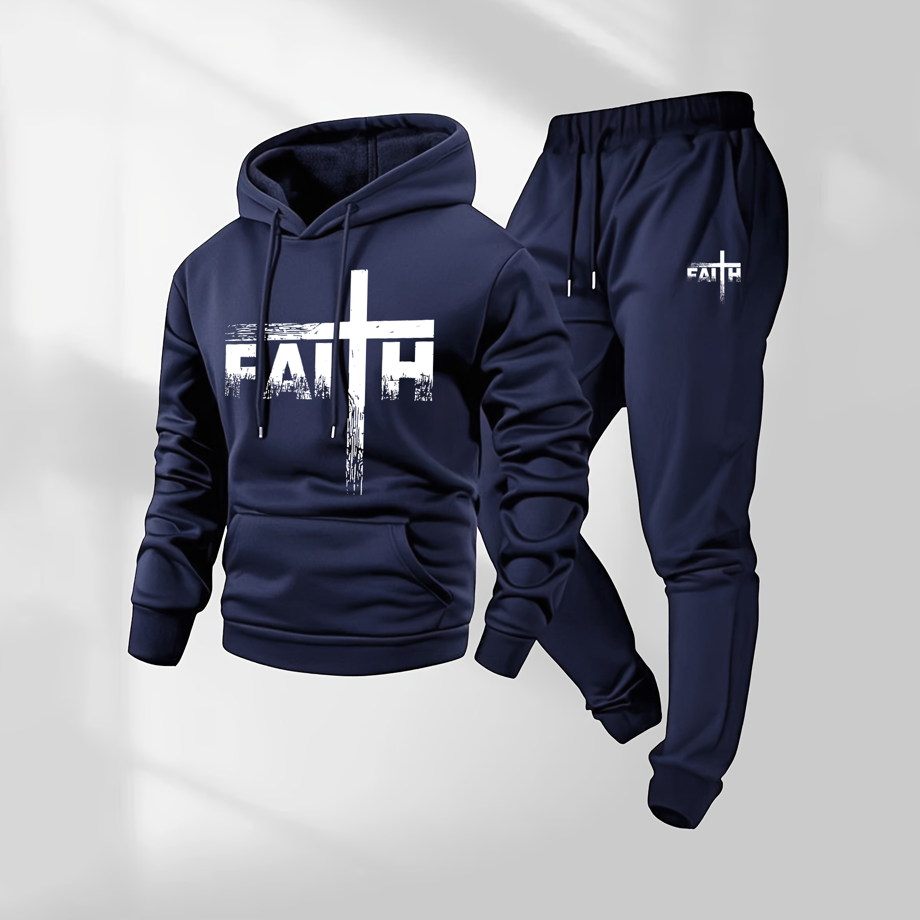 Sudadera con capucha Faith Letter Pattern estampado and Drawstring Sweatpantalón Set, Menswear, casual Athletic de manga larga Hooded chaqueta & Trousers for Fall & Winter, Clothing for para uso diario Wear, Sportswear Indoor para exterior, Tracksuit, Athleisure para hombre