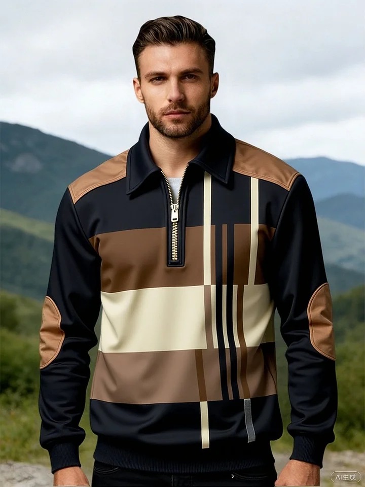 Sudadera retro en bloques de color estampado cierre para hombre