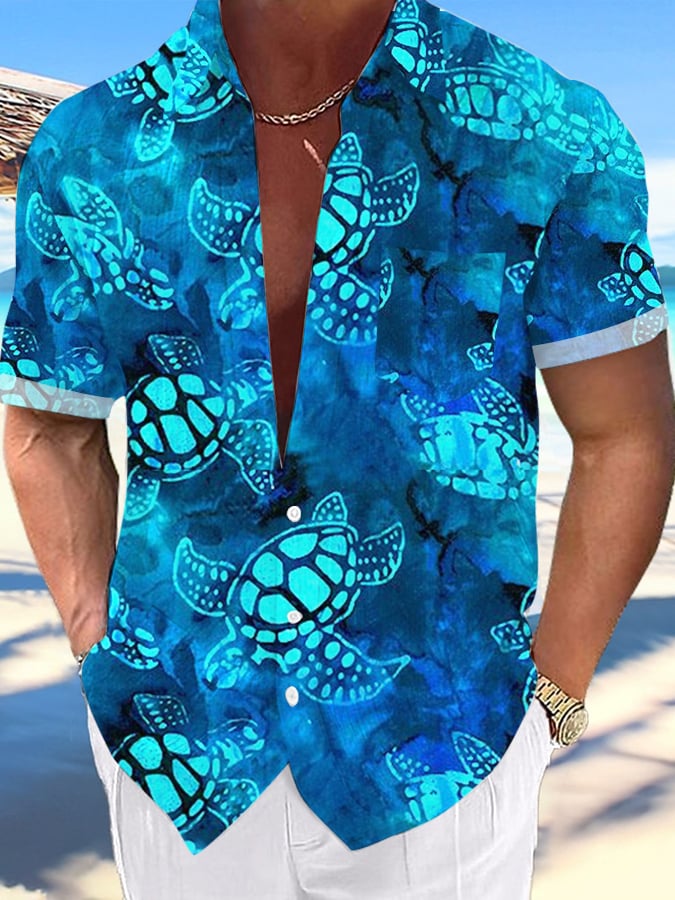 Camisa Hawaiian Island Turtle estampado de manga corta Pockets para hombre