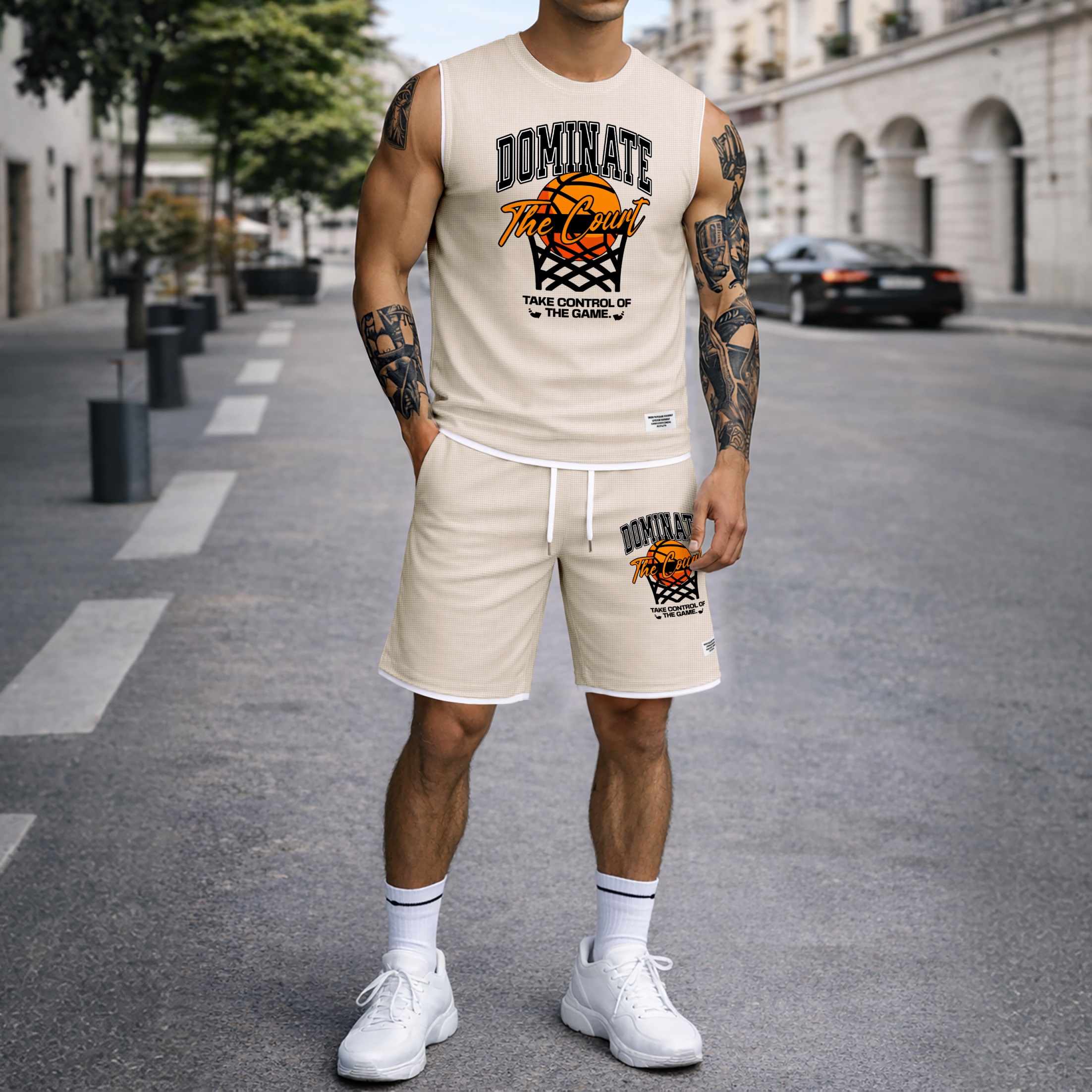 Shorts Basketball Graphic estampado Summer Set Sleeveless Tank Top & Matching Outfit, “Dominate The Court” Letter estampado with Hoop & Ball Design, Lightweight casual Streetwear Athletic Set for Everyday & para trabajoout para hombre