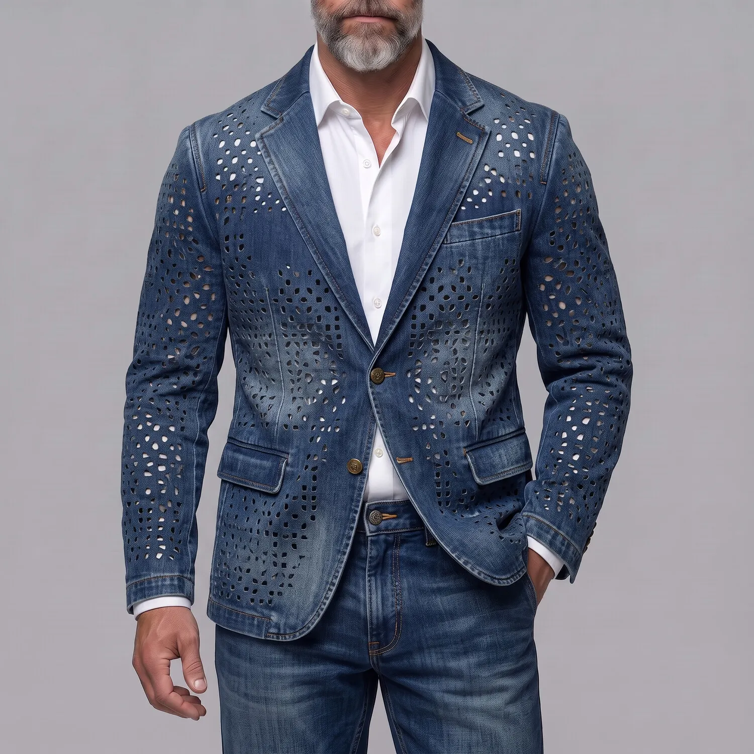 para hombre retro Distressed Denim Hollow Out Notch Lapel Single Breasted saco