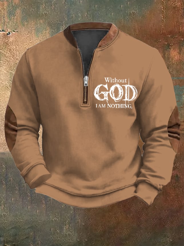 Sudadera vintage Faith "Without God I Am Nothing," estampado Zip cuello para hombre