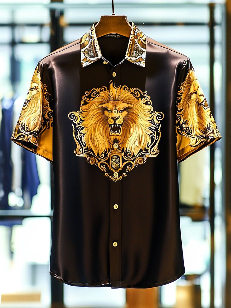Camisa satén Luxe Lion estampado de manga corta Button para hombre
