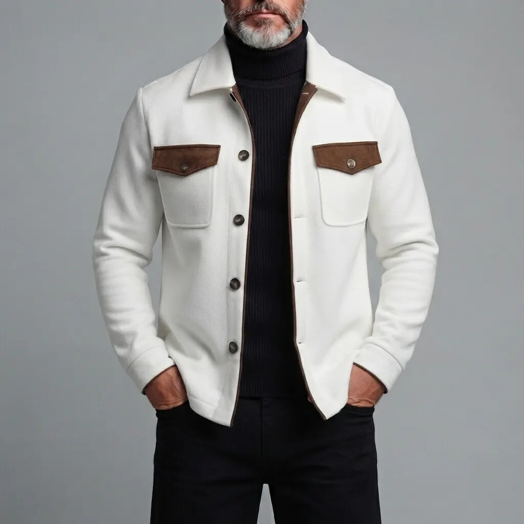 para hombre White Contrast Flap Pockets Turndown Collar Single Breasted Slim chaqueta