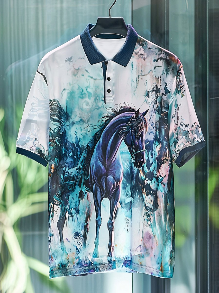 Camisa polo casual ejecutivo Horse estampado Button de manga corta para hombre