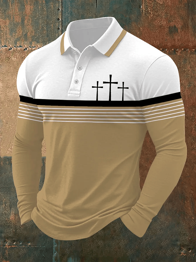 Camisa polo retro Faith casual estampado de manga larga para hombre