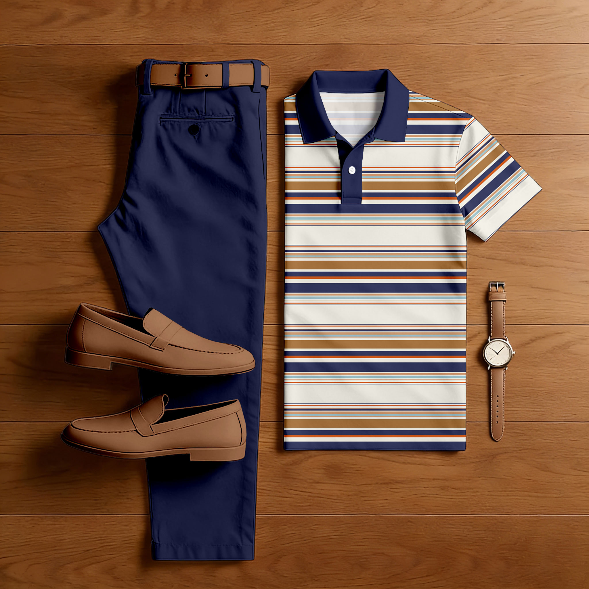 Conjunto de dos piezas casual Navy Blue & Beige Color Matching a rayas estampado de manga corta camisa polo & Trousers para hombre