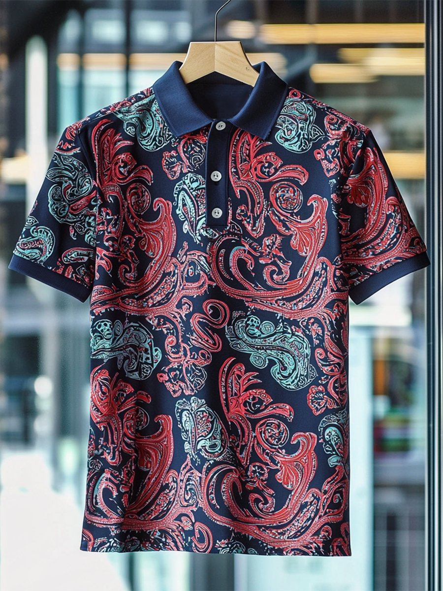 Camisa polo ejecutivo casual Paisley estampado Button de manga corta para hombre